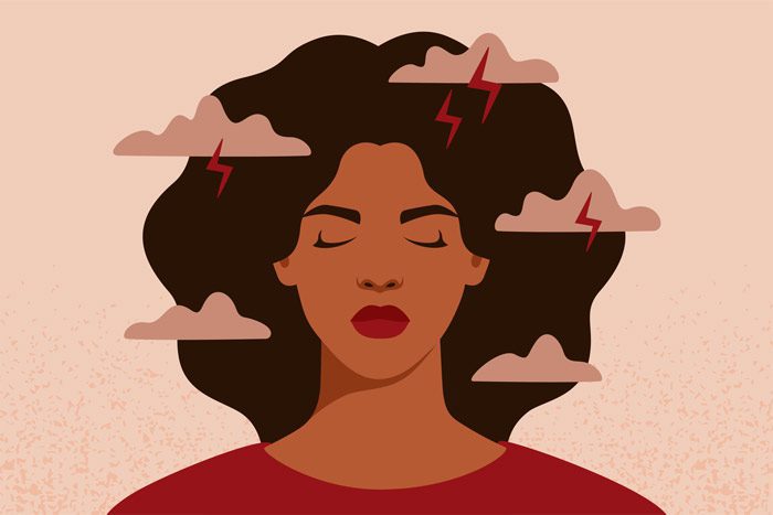 illustration of Black woman with her eyes closed and storm clouds around her head - bipolar disorder