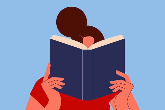 illustration of woman reading a book - she's holding the book where it covers her face, but you can see her hair - mental health memoirs