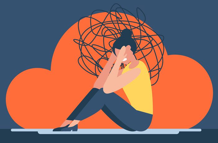 digital illustration depicting a woman sitting on the ground stressed or sad - anxiety and depression
